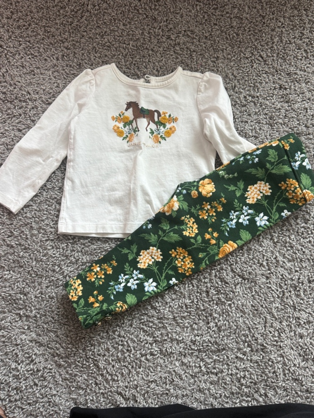 Janie and Jack Cream Horse Top with Green Floral Leggings Set